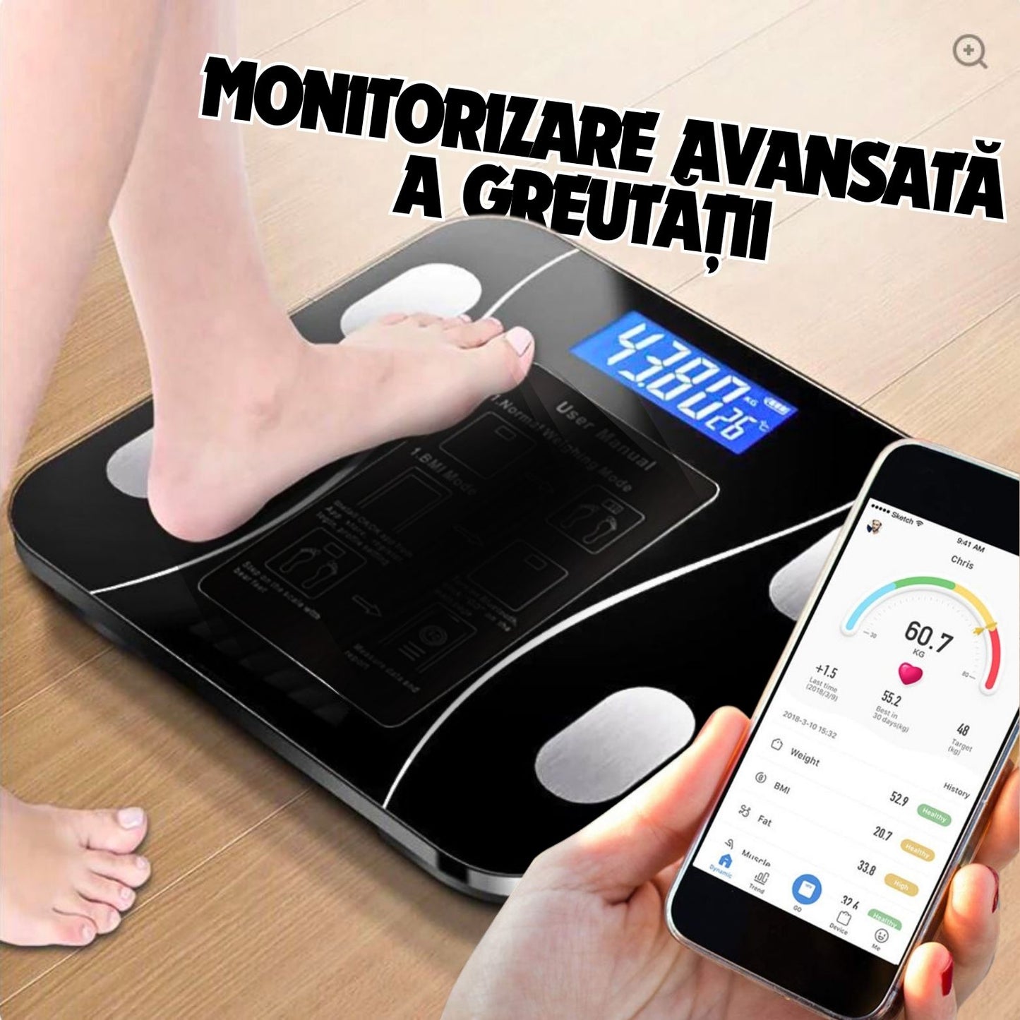 BodyPRO™ Cantar Smart cu Aplicatie BMI si Bluetooth